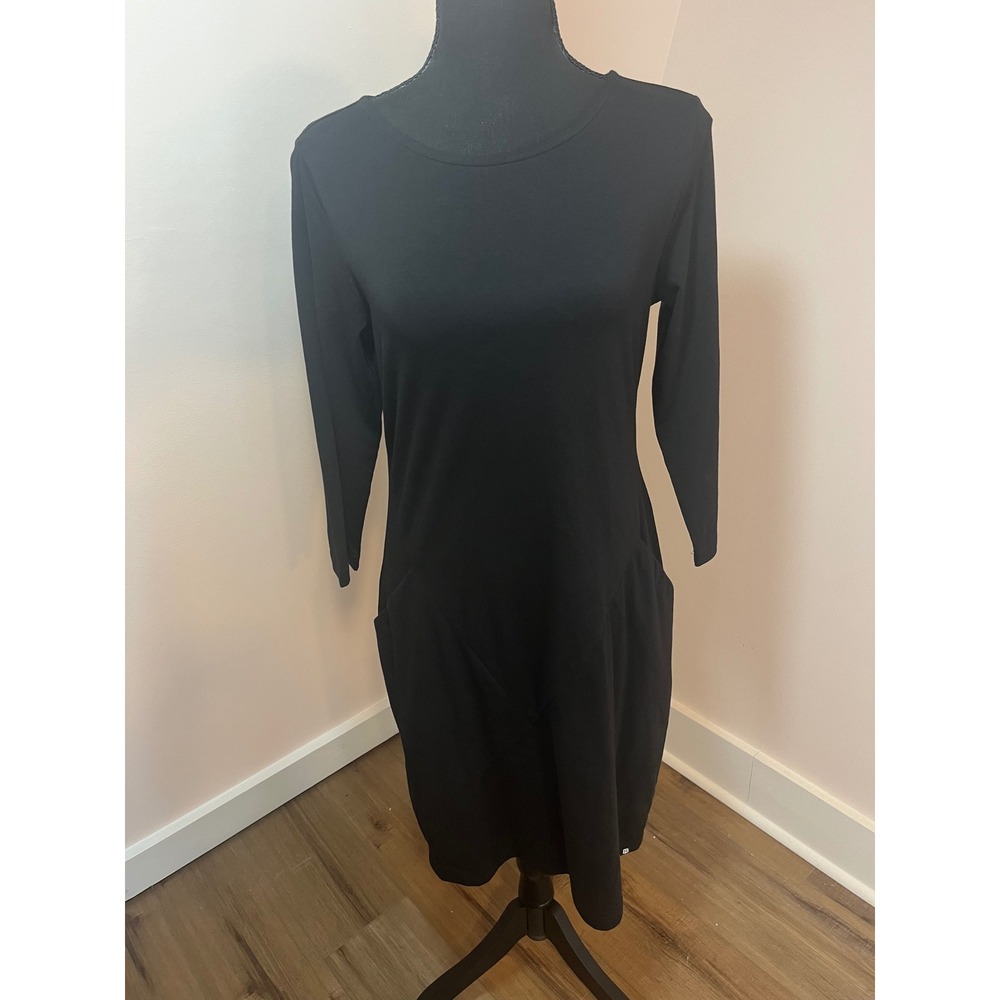 Betabrand Black 3/4 Sleeve Pocket Sheath Dress Adjustable Hem Medium Travel